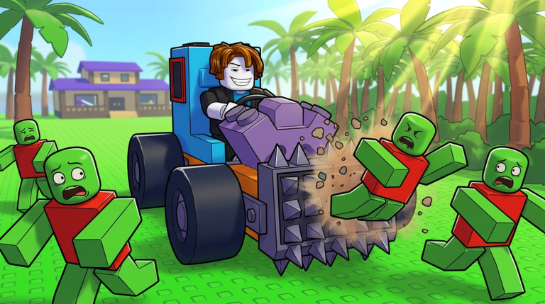 A blue spiked vehicle driving through blocky zombies in Build and Kill Zombies